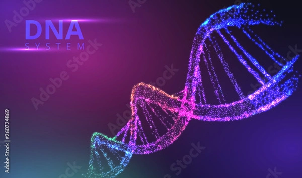 Obraz Abstract luminous DNA molecule, neon helix on purple background. Medical science, genetic, biotechnology, chemistry, biology.