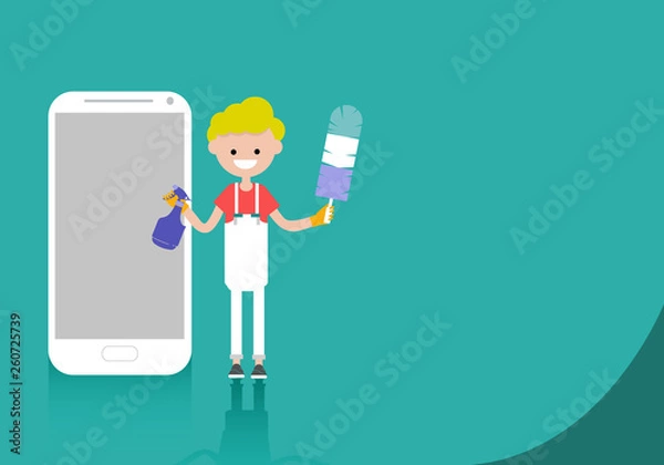Fototapeta Young character cleaner standing near smartphone cleaner app.Space for your text.Flat cartoon design
