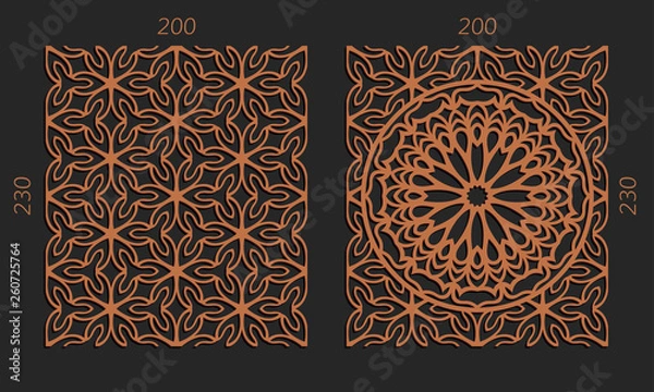 Fototapeta Laser cutting set. Woodcut vector trellis panels. Plywood lasercut floral design. Hexagonal seamless patterns for printing, engraving, paper cut. Stencil lattice ornaments.