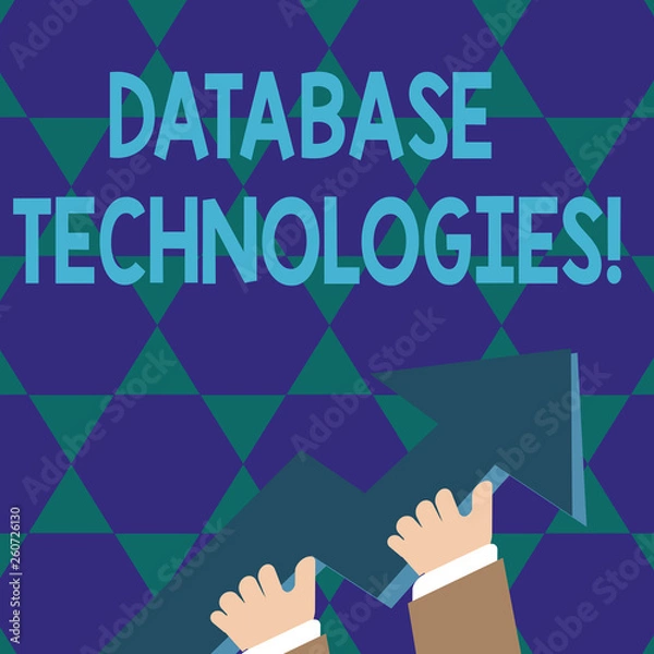 Fototapeta Text sign showing Database Technologies. Business photo showcasing Organization of a collection of data in digital format photo of Hand Holding Colorful Huge 3D Arrow Pointing and Going Up
