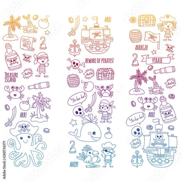 Fototapeta Vector pattern with pirate icons. Adventure, birthday party.
