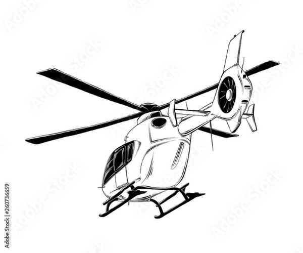 Obraz Vector drawing of helicopter in black color, isolated on white background. Drawing for posters, decoration and print. Vector illustration