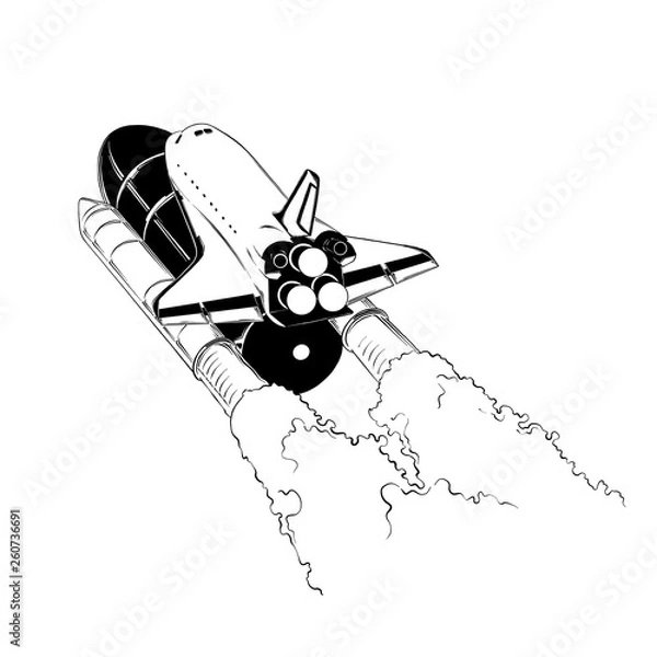 Fototapeta Hand drawn sketch of shuttle in black color, isolated on white background. Drawing for posters, decoration and print. Vector illustration