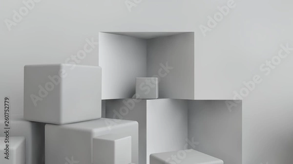 Fototapeta 3D illustration of cubes of different size scattered randomly around the room. Cubes are chaotic in space, piling up and messing up. 3D rendering of a set of geometric shapes.