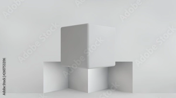 Fototapeta 3D illustration of a gray cube in a room with cubic cells. The cube hangs in the air casting shadows. Geometrical abstraction. 3D rendering