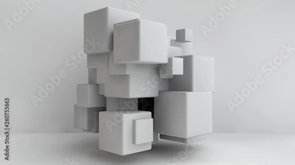Fototapeta 3D illustration of white cubes of different sizes in the room. Cubes hang in the air, randomly distributed in space, casting shadows. Geometrical abstraction. 3D rendering