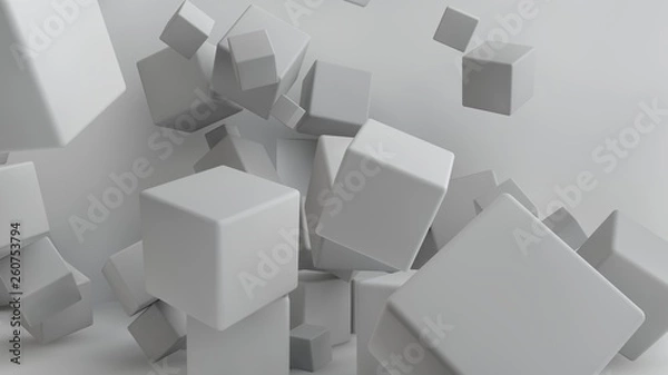 Obraz 3D illustration of cubes of different sizes flying around the room. Cubes in the air, randomly distributed and warped in space, cast shadows. Geometrical abstraction. 3D rendering of the explosion