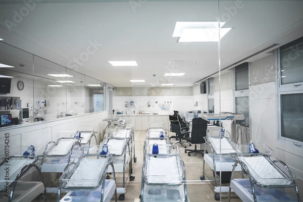 Fototapeta Maternity room in hospital and empty cribs of children lined up