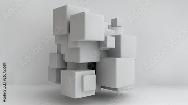 Fototapeta 3D illustration of white cubes of different sizes in the room. Cubes hang in the air, randomly distributed in space, casting shadows. Geometrical abstraction. 3D rendering