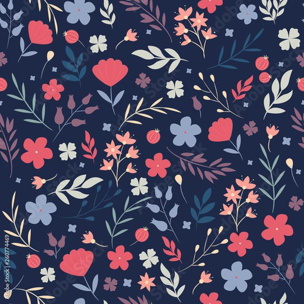 Fototapeta Floral pattern. Pretty flowers on dark blue background. Printing with small white flowers. Ditsy print. Seamless vector texture. Spring bouquet