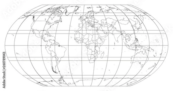 Obraz Contour world map in Robinson Projection with meridians and parallels grid. All countries and islands. Vector illustration