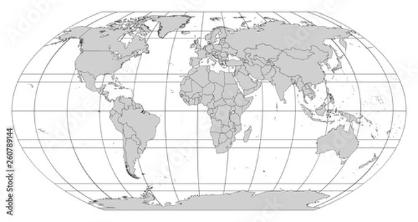 Fototapeta Grey contour world map in Robinson Projection with meridians and parallels grid. All countries and islands. Vector illustration