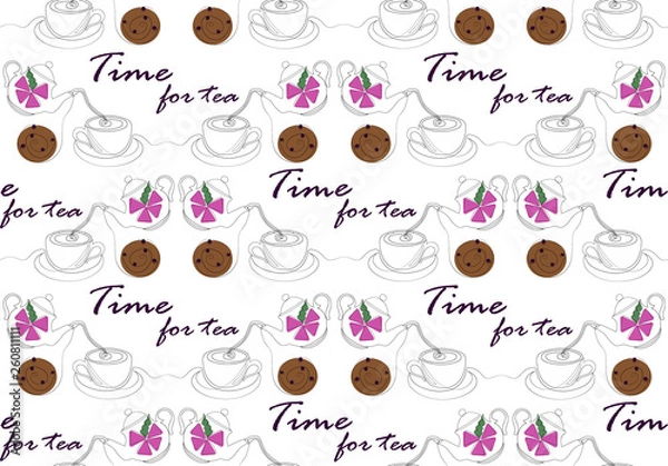 Fototapeta Time for tea. Seamless one line drawing pattern. Vector illustration.