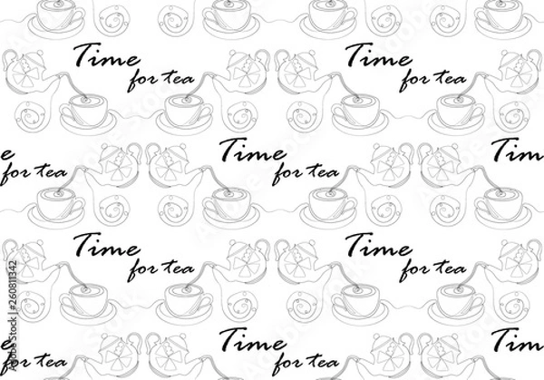 Fototapeta One line seamless pattern. Time for tea. Vector illustration.