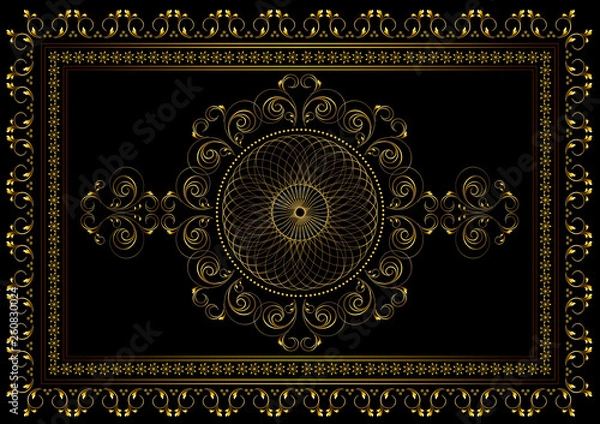 Fototapeta Vintage gold frame with interlocking oval ornament in the center and a border of curved strips with leaves and stars in a double frame on a black background