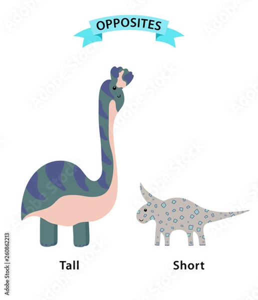 Fototapeta Wordcard for tall and short antonyms and opposites. Cartoon characters illustration on white background. Card for teaching aid, for foreign language learning lessons. Vector illustration