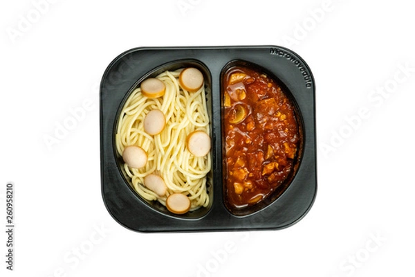 Fototapeta Top view of Ready to eat chilled spaghetti bolognese isolated on white background