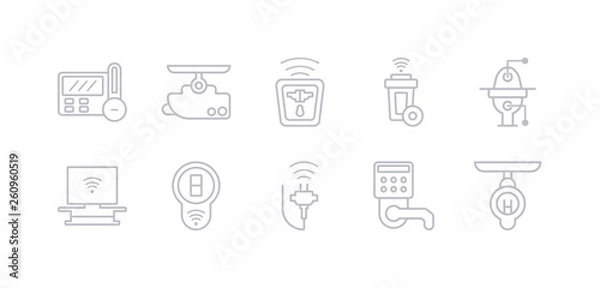 Obraz simple gray 10 vector icons set such as smart lamp, smart lock, smart plug, switch, television, toilet, trash. editable vector icon pack