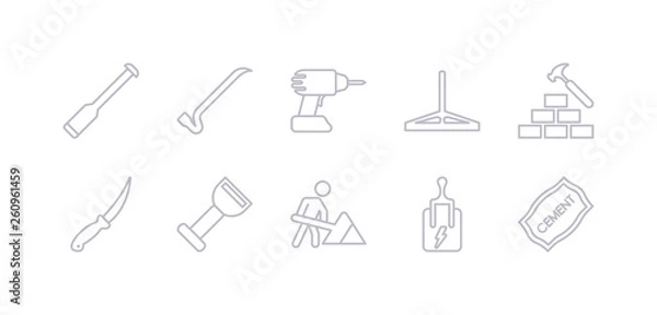 Fototapeta simple gray 10 vector icons set such as cement, circuit breaker, road construction, bolster, boning rod, brick hammer, bump cutter. editable vector icon pack