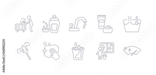 Obraz simple gray 10 vector icons set such as wiper, window cleaner, liquid, wiping, feather duster, hot water, cream. editable vector icon pack