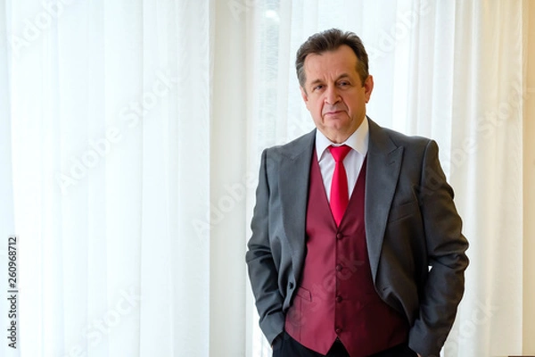 Fototapeta Portrait of successful senior business man 60 years old, dressed in suit and red vest holds hands in pockets on windows background. Confident and intelligence
