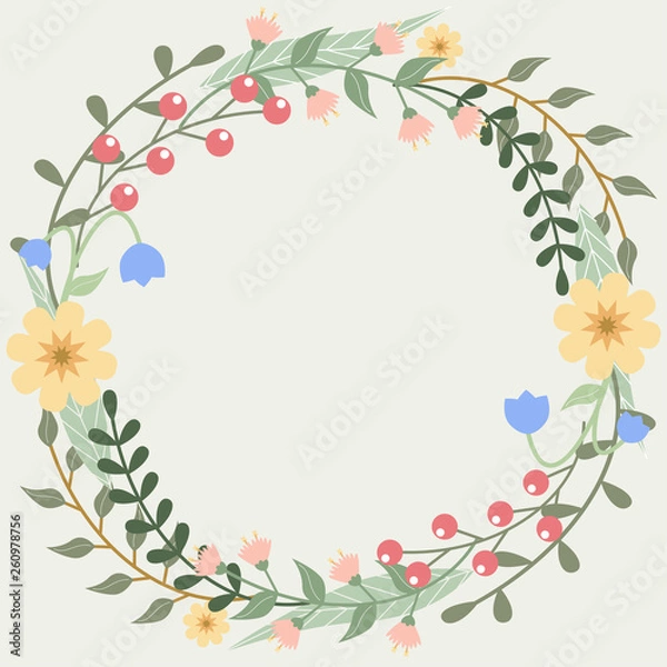 Fototapeta Cute card template with a wreath of different branches with leaves, berries and flowers. Patel colours. Green background. Flat style vector illustration. Vector.
