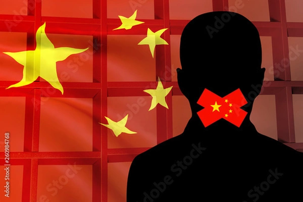 Fototapeta Silhouette of a man on the background of the Chinese flag and prison bars. Concept: Restriction of freedom of speech, repression, isolation.