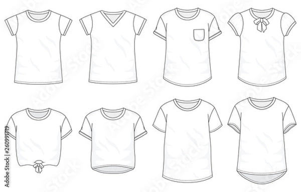 Fototapeta Isolated t-shirt object of clothes and fashion stylish wear fill in blank. Set of clothing t shirts and vector illustration. Regular, V-Neck, Pocket, Bow, Crop top, Long, Baggy Tee