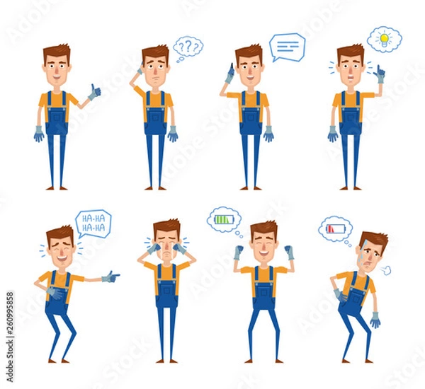 Fototapeta Set of auto mechanic characters posing in different situations. Cheerful worker thinking, talking to phone, laughing, crying, full of energy, tired, pointing up. Flat style vector illustration