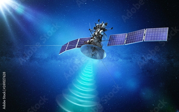 Fototapeta Satelita komunikacyjny transmitujący sygnał w kosmosie. Renderowanie 3d