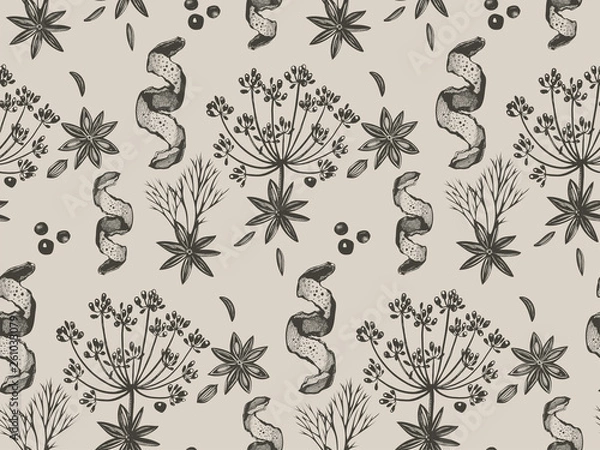 Obraz Tło z ręcznie rysowane zioła i przyprawy. Ręcznie rysowane ilustracja atramentu. Ilustracja przypraw ekologicznych i świeżych