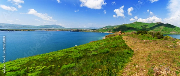 Fototapeta Beautiful view of Sevan lake with turquoise water and green hills, Sevan, Armenia