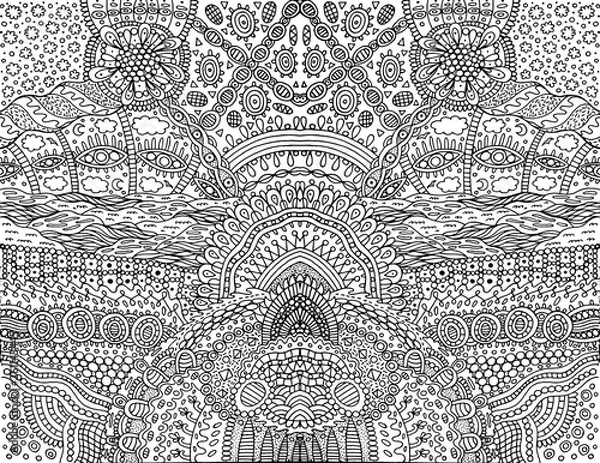 Obraz Psychedelic tribal outline symmetrical background. Fantastic cartoon doodle ornament. Coloring page for adults. Vector illustration