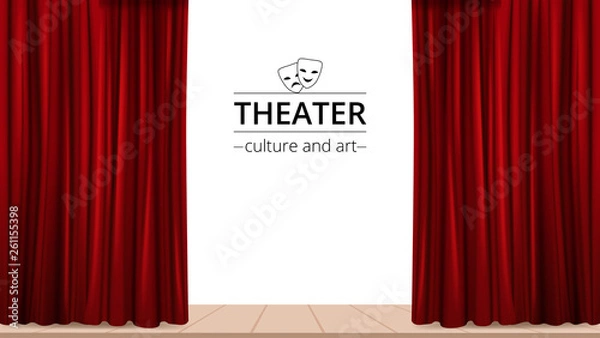 Fototapeta Banner with a stage and theatrical red curtains on a white background