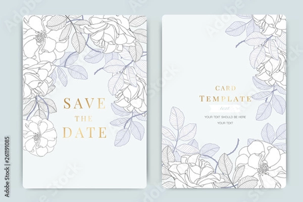 Fototapeta Blue Wedding Invitation, floral invite thank you, rsvp modern card Design in white rose with leaf greenery  branches decorative Vector elegant rustic template