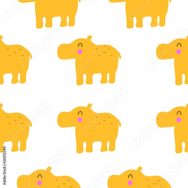 Fototapeta Hand drawn cute hippo vector character  illustration seamless pattern.  Scandinavian, nordic style. Best for nursery, childish textile, apparel, background design.