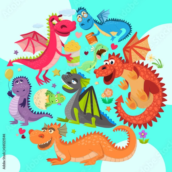 Fototapeta Baby dragons round pattern vector illustration. Cartoon funny dragons with wings. Fairy dinosaurs with pop corn, baloon, flower, book. Character hatching from egg. Magical dinos.