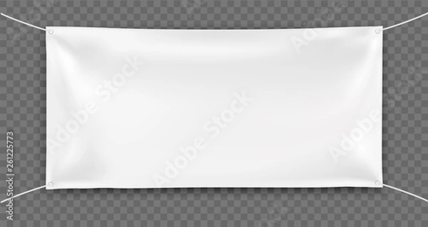 Fototapeta 3d realistic Empty rectangular Horizontal Banner with 4 holes and ropes. Vector template on  transparent background for Your Design and Advertising. Awning, Textiles, PVC, Vinyl, Nylon, Banner ect.