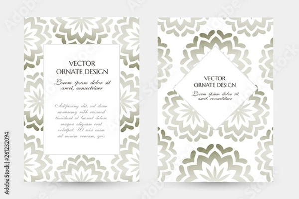 Fototapeta Silver floral motif. Stylish vertical posters with ornamental frames on the white background. Vector design with decoration elements and copy space for wedding invitation, anniversary cards and other.