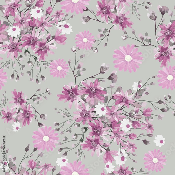 Obraz Seamless pattern with leaves and pink flowers. Floral design on a grey background. Watercolor illustration. The original pattern for fabric and Wallpapers.