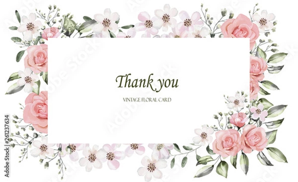 Obraz Flower frame with pink roses and decorative leaves. Watercolor Design Invitations. Background for saving dates. Postcards. Roses with wildflowers and wild herbs. Romance.