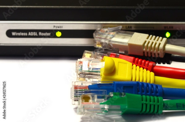 Fototapeta Modern WiFi Modem Router ADSL with LAN Cable rj45