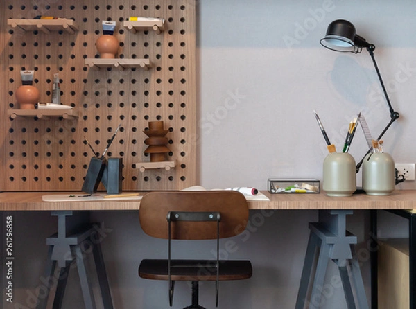 Fototapeta modern wooden study desk in kid's bedroom