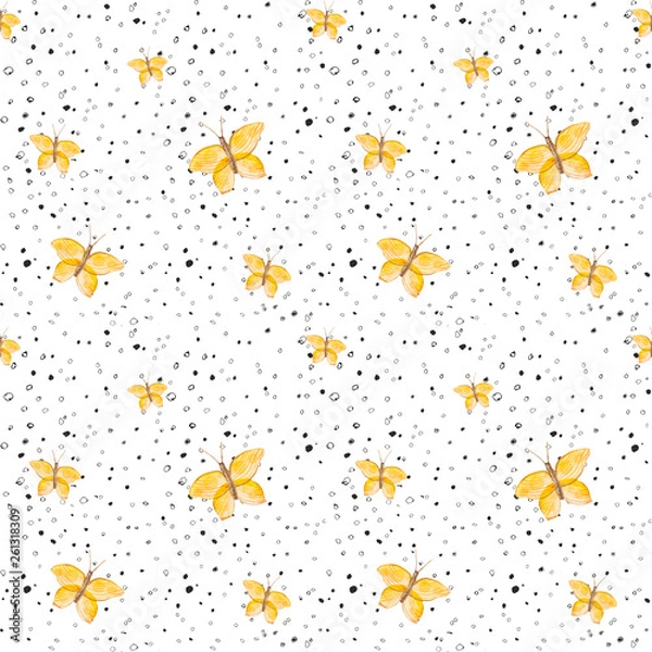 Fototapeta Watercolor  seamless pattern with yellow butterflies