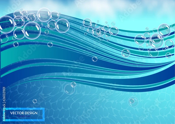 Fototapeta Many bubbles in clear bright water. Abstract wave, underwater background, fluffy clouds.