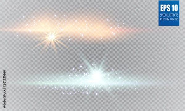 Fototapeta Glow light effect. Vector illustration. Christmas flash Concept. Vector illustration of abstract flare light rays. Sunrise, dawn. Vector transparent sunlight. Special lens flare light effect