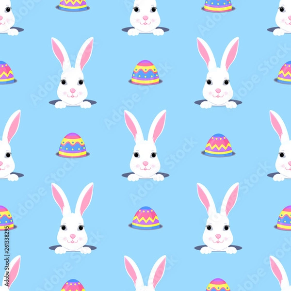 Fototapeta Cute bunny looks out of the hole. Easter egg hunt. White rabbit cartoon character seamless pattern.