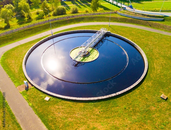Fototapeta Aerial view to sewage treatment plant. Grey water recycling. Waste management in European Union.