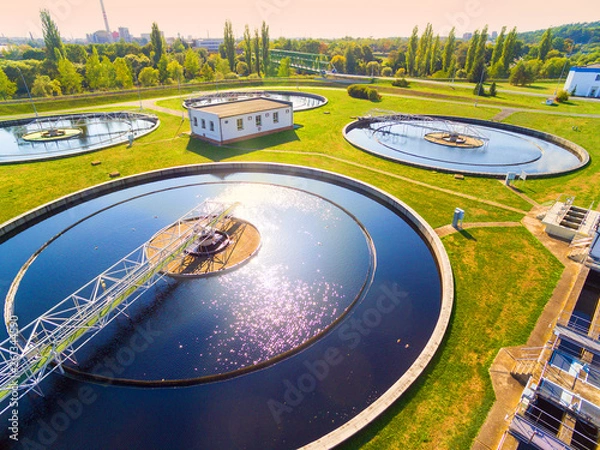 Fototapeta Aerial view to sewage treatment plant. Grey water recycling. Waste management in European Union.