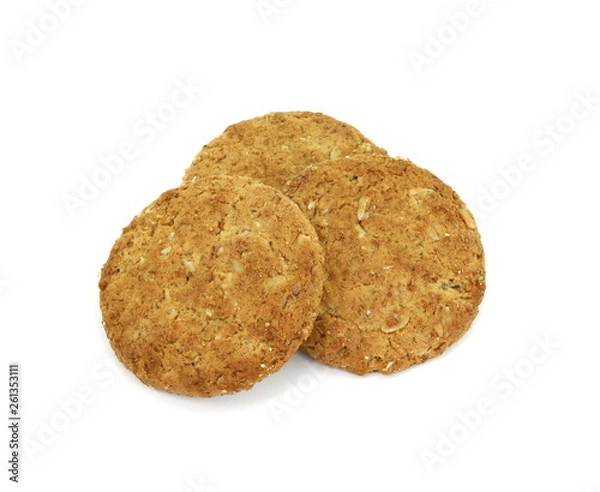Fototapeta Round whole wheat biscuit, cookie with raisins isolated on white background. Biscuits with whole-wheat (wholemeal) flour isolated on white background 